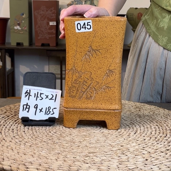 紫砂花盆 放漏柴烧刻绘竹节四方签筒045