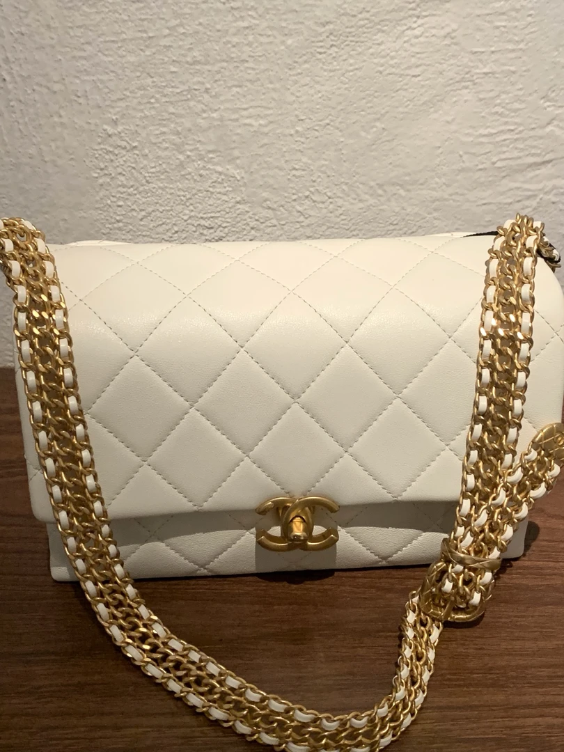 99新 Chanel/香奈儿 23S白金牛皮可调节腰带扣编织链条三折腋下包