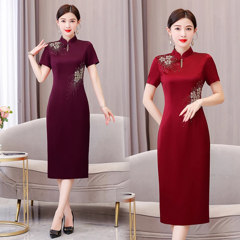 婚宴中年妈妈装高端酒红色复古中高贵优雅喜婆婆结婚连衣裙