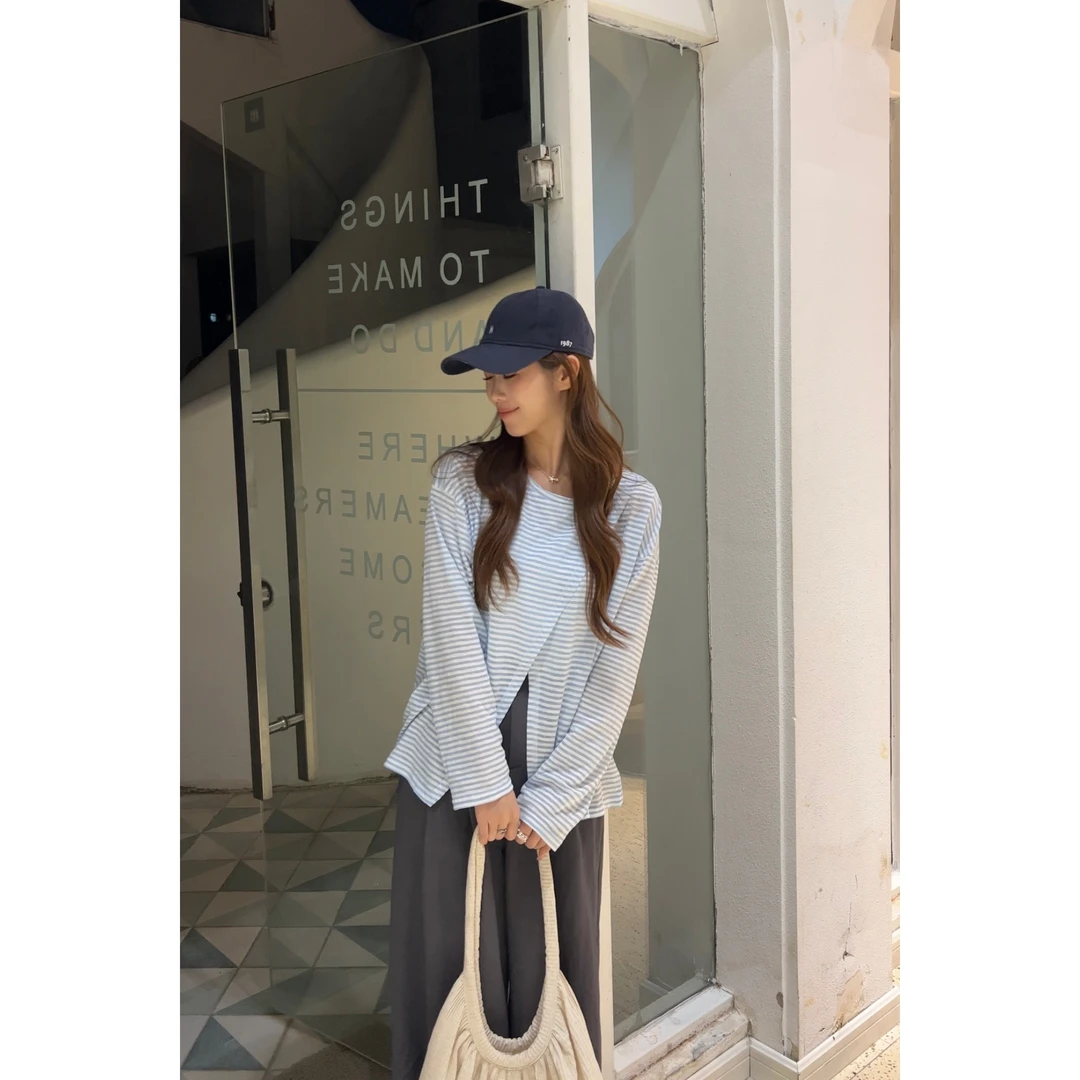 【济州岛】B东大门春款韩系防晒撞色条纹百搭设计感开叉T恤2247