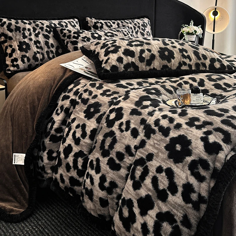 冬季加厚牛奶绒床笠款四件套美拉德豹纹兔毛绒双面绒保暖被套床单