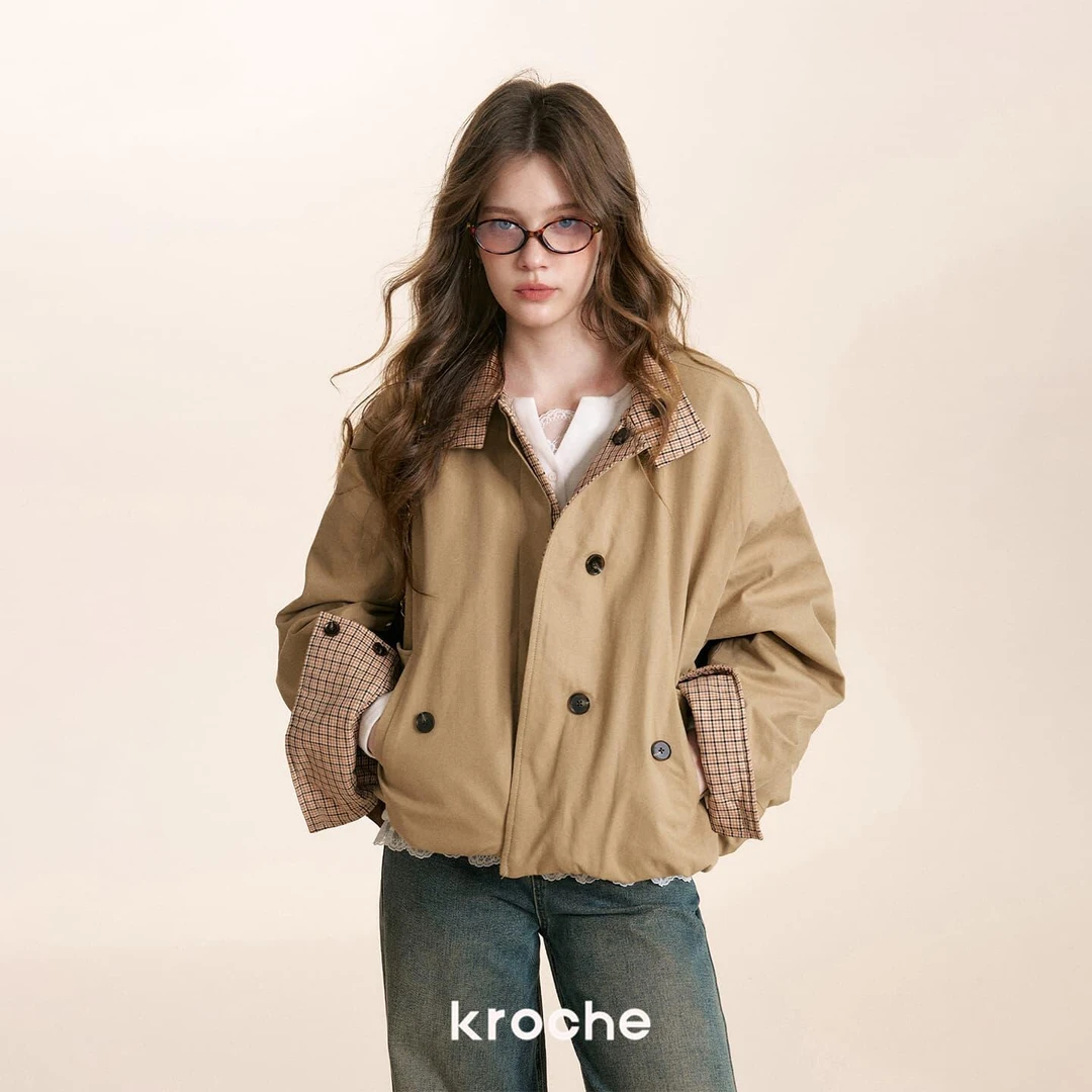 Kroche 25aw 复古格调 双面两穿翻领格纹夹棉廓形夹克棉服外套