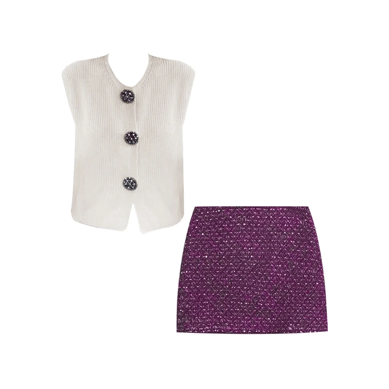 小香风针织无袖马甲开衫背心女夏季新款高腰气质包臀半身裙套装