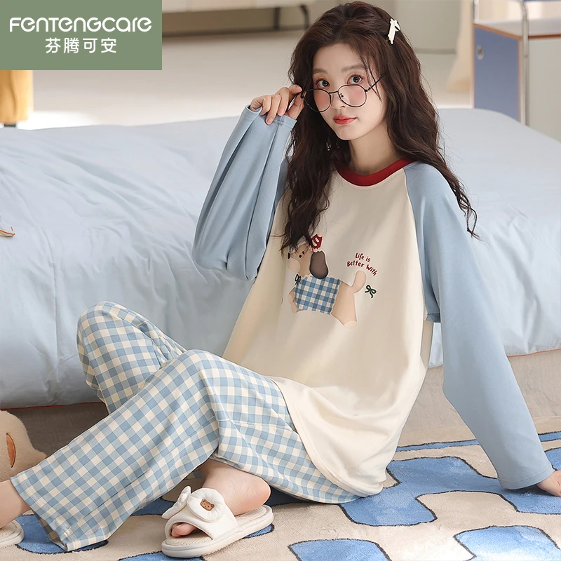 芬腾可安睡衣女款春秋季长袖长裤卡通纯棉100全棉蓝色格子家居服