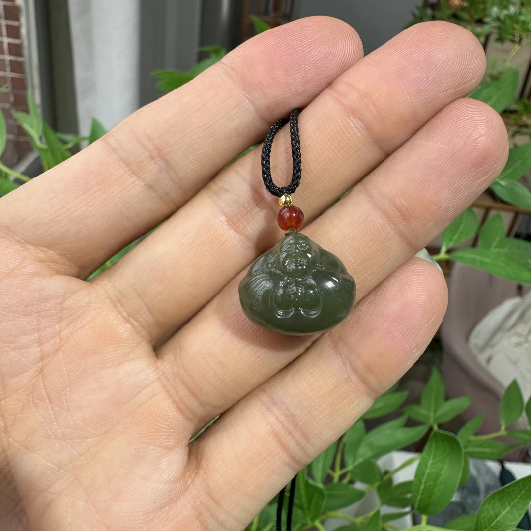和田玉湖水绿抱抱佛（黑绳）吊坠18mm  珠宝玉石 玉质  温润