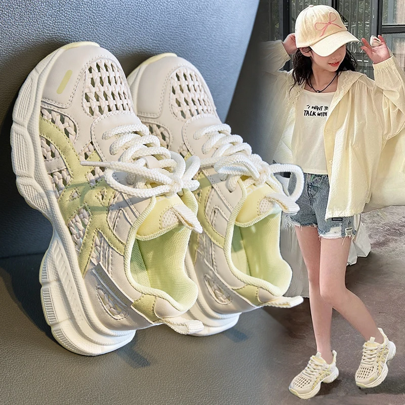 女童网面运动鞋2025夏季新款镂空老爹鞋透气小白鞋中大童女宝鞋子