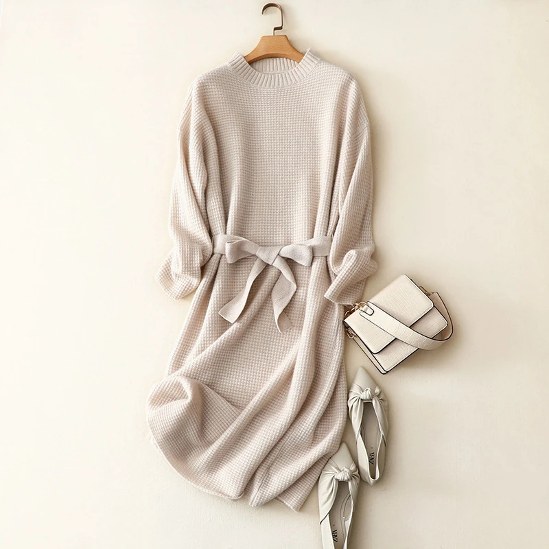 【阳光专属】藏里羊 秋季连衣裙圆领系带长款羊绒裙BC00688