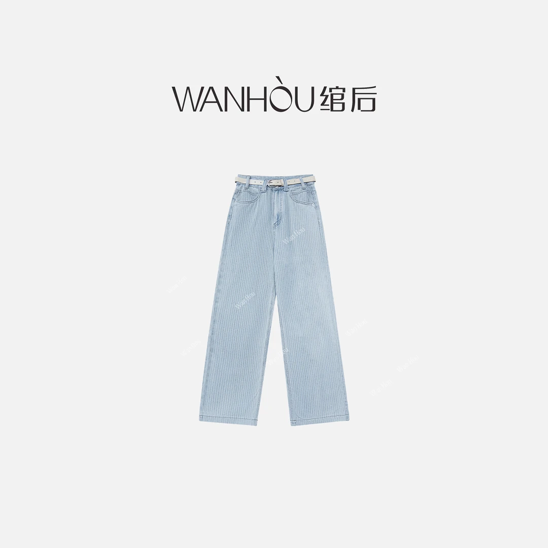 【C2550】#WH-设计师款时尚复古水洗竖条纹直筒阔腿牛仔裤慵懒风SC
