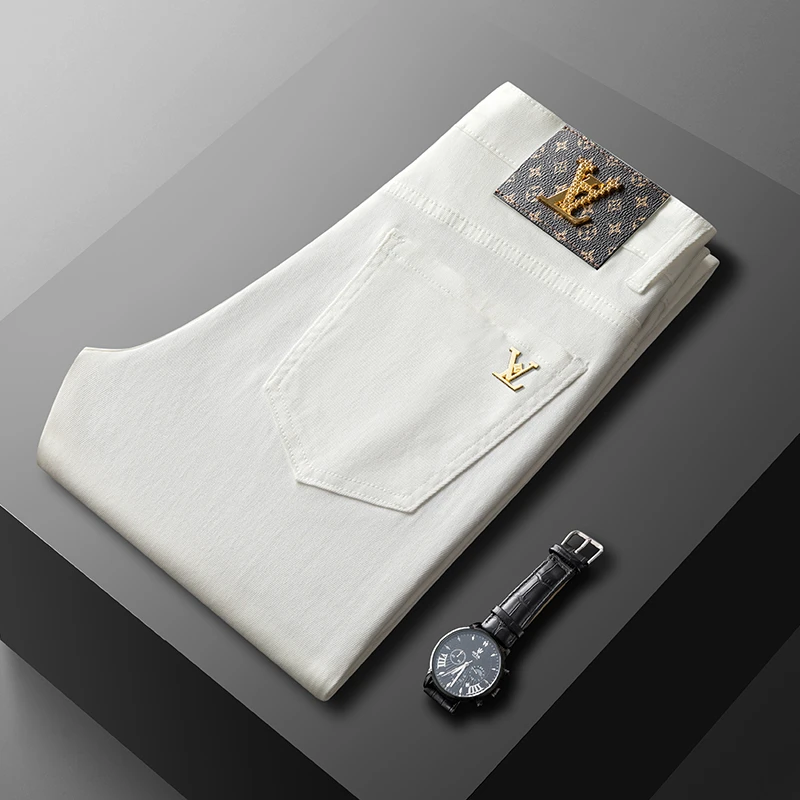 欧货高端三防白色牛仔裤男夏季薄款修身小直筒弹力时尚百搭九分裤