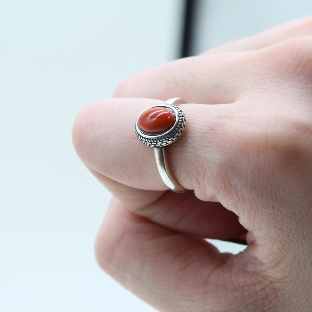 925银戒指 民族风红色花纹气质镶嵌可调节圆圈戒指