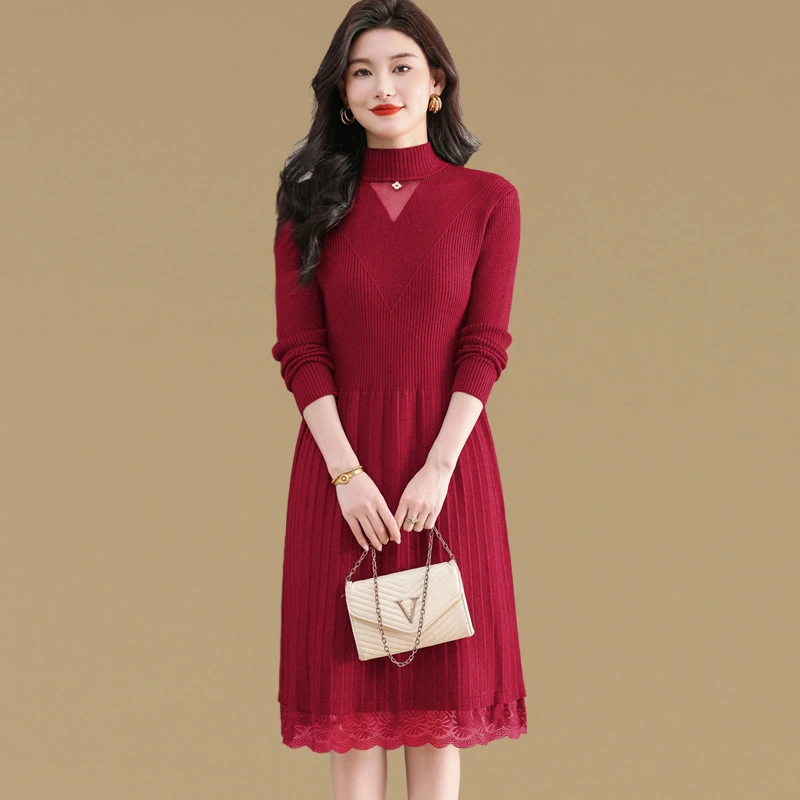 高级感中长款配大衣针织连衣裙女内搭秋冬2025新款打底毛衣百褶裙