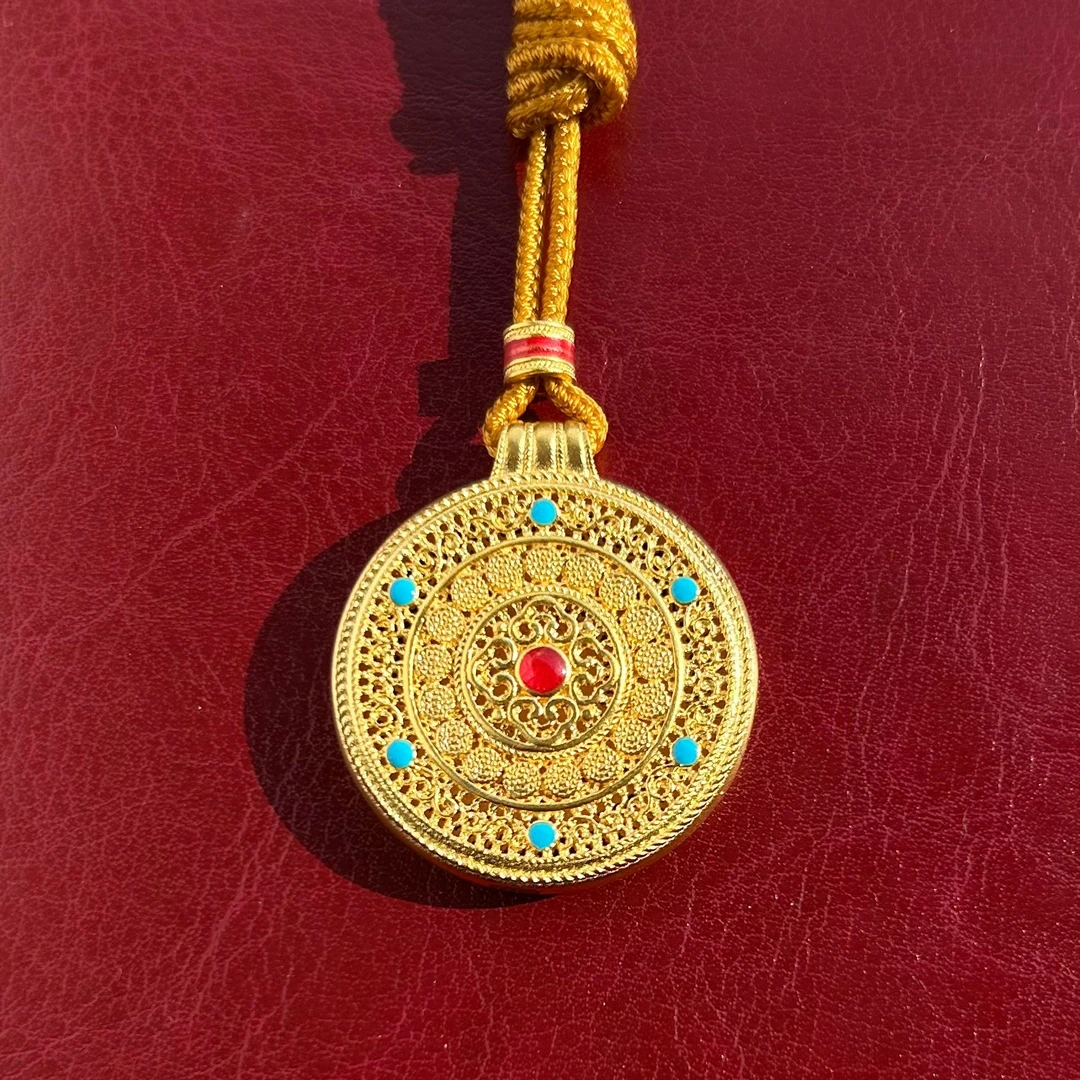 足金999真金纯黄金古法珐琅彩八宝罗盘吊坠