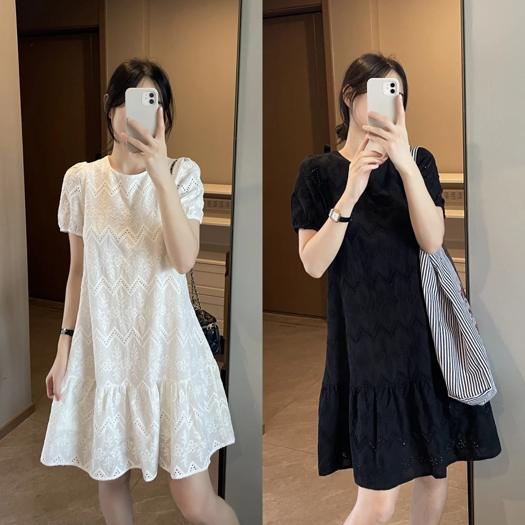 「精致提花满绣」100%纯棉法式连衣裙 夏季A字显瘦气质中长裙子S086