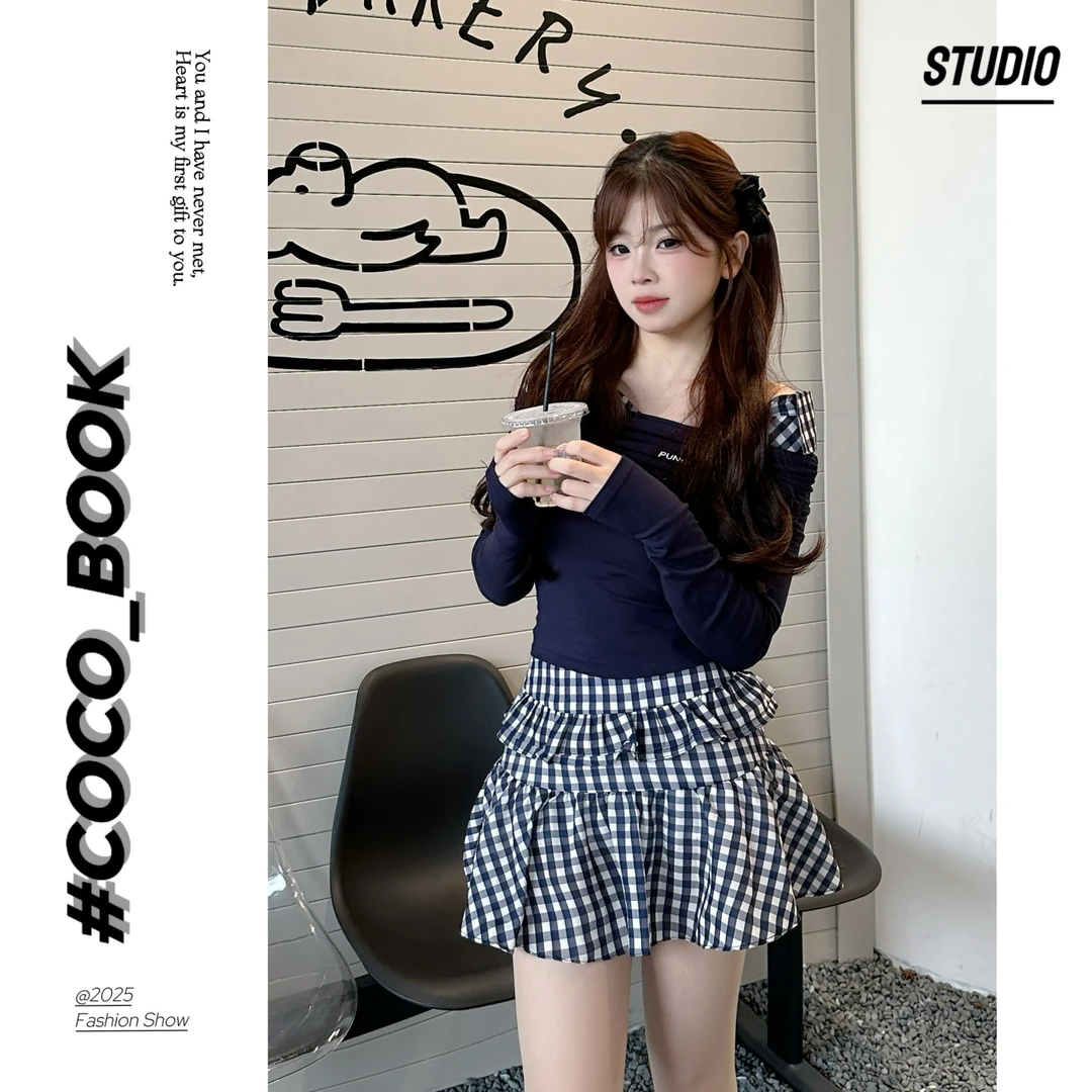 CoCo【套装】海岛假日显瘦长袖辣妹高腰百搭小众春夏格子时尚两件套