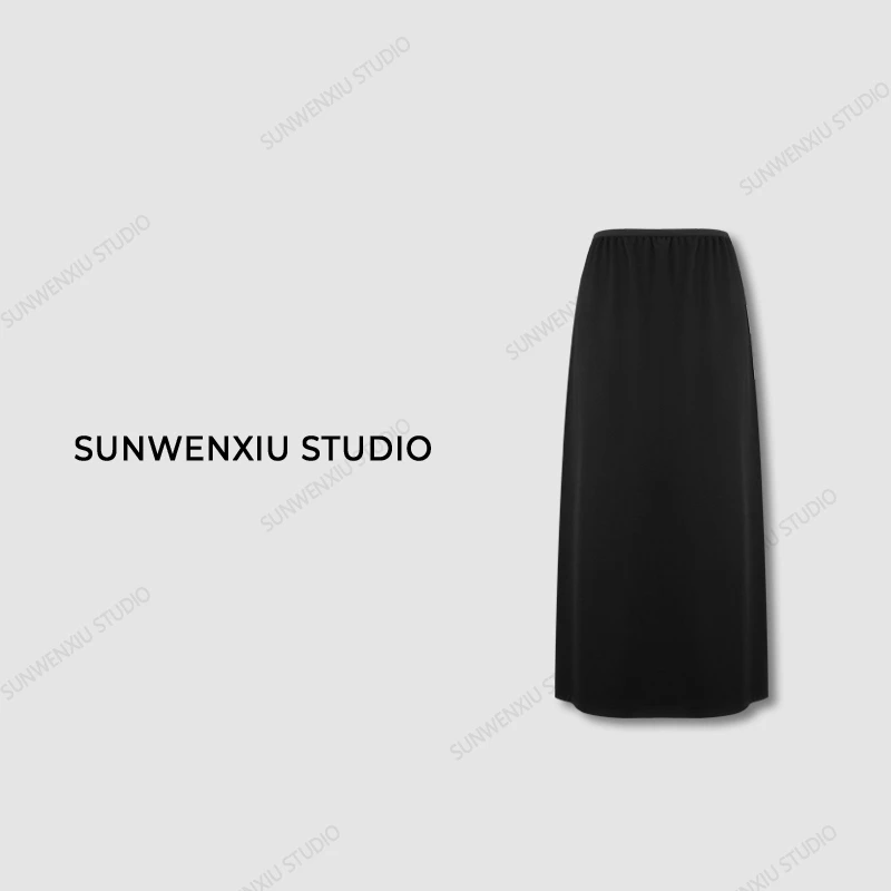 swx studio3店 “通勤裙”极简百搭衣柜必备松紧腰黑色半身裙