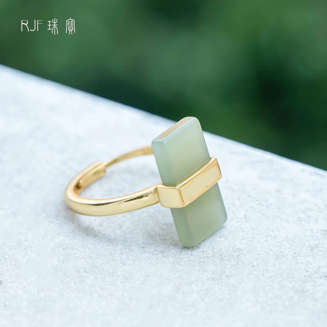RJF【安菱中色】和田玉无事牌戒指 可调节圈口 轻奢简约气质款