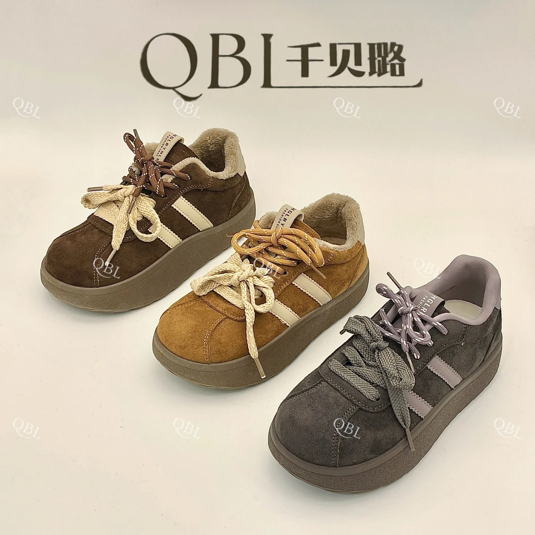 千贝璐复古德训鞋女新冬磨砂面厚底松糕休闲百搭板鞋27972