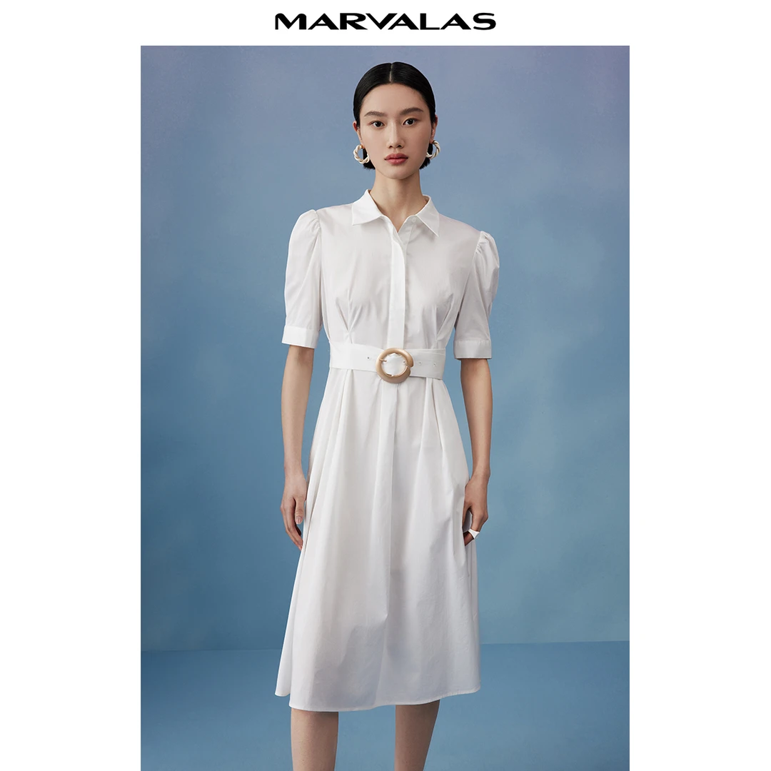 【小花专属】曼德诗简约气质连衣裙泡泡袖大摆A字裙双压褶衬衫裙