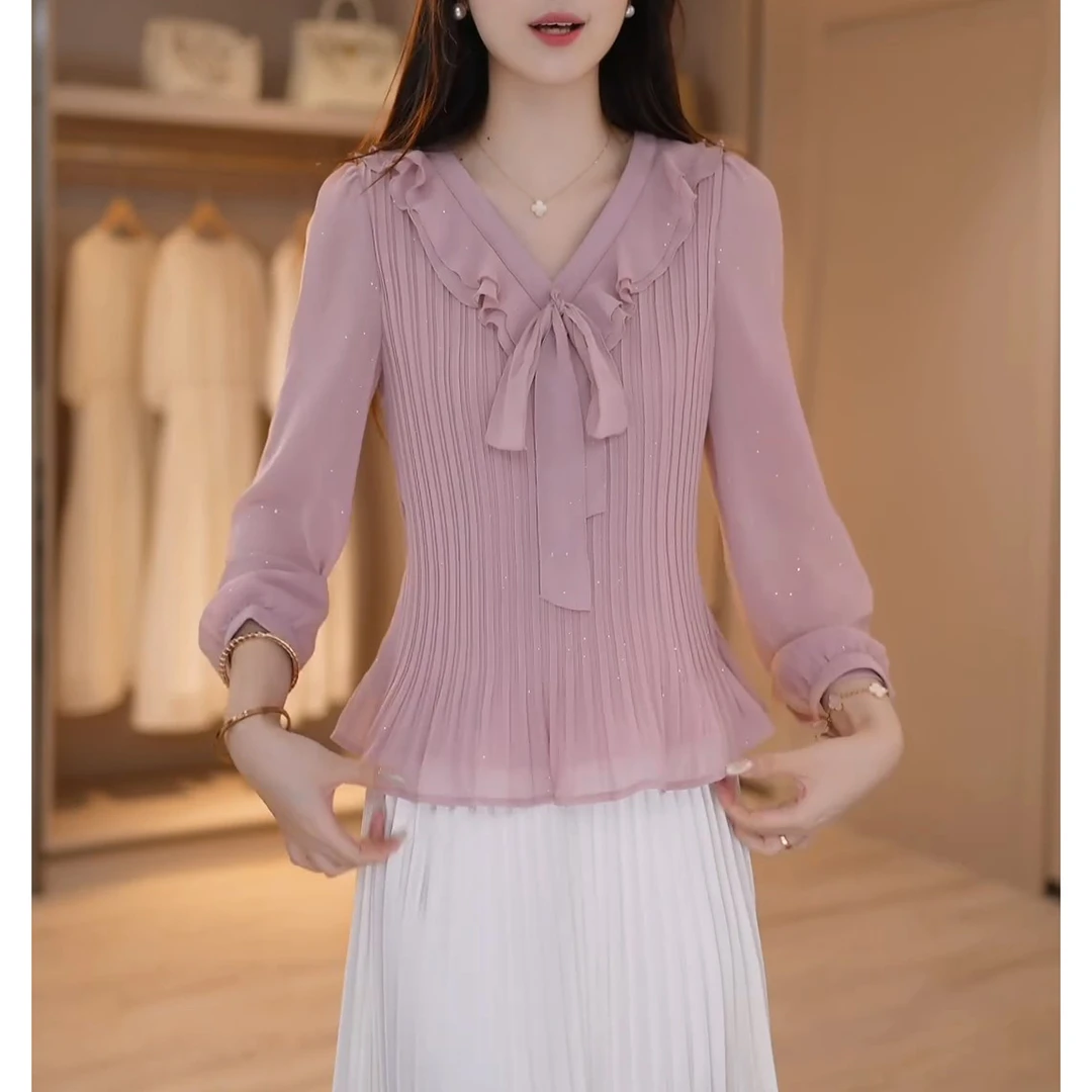 法式设计感褶皱V领衬衫女2025秋季新款时尚气质百搭显瘦长袖小衫