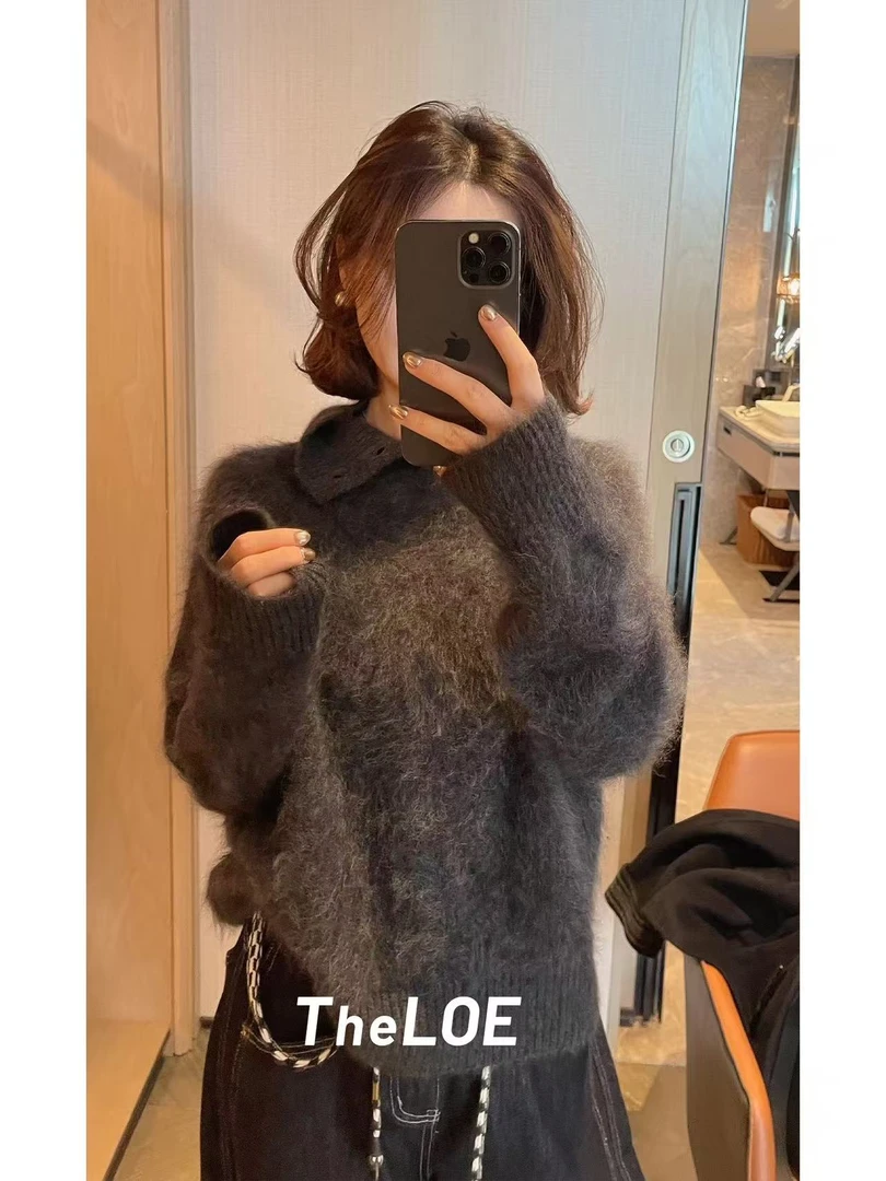 【羊绒拉绒】真丝羊绒羊毛POLO领拉绒半开衫针织衫女YZL-888