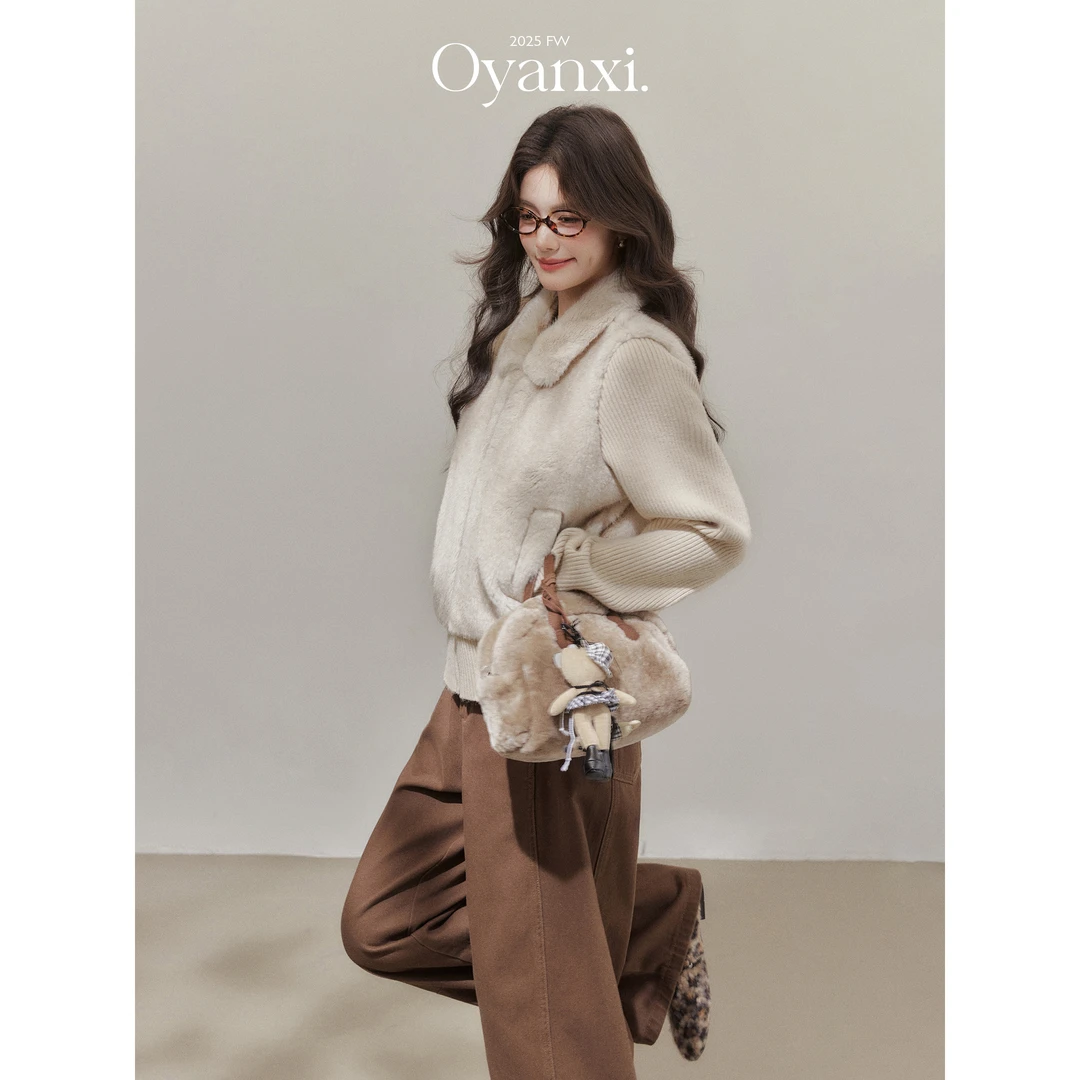 欧阳喜《摩卡可可》翻领假两件拉链针织毛衣拼接短外套上衣女秋冬季