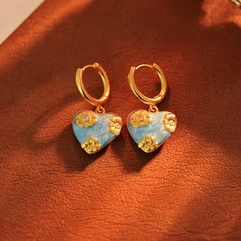 铜合金耳饰 f119---油画天空蓝新中式雕花耳环小众设计