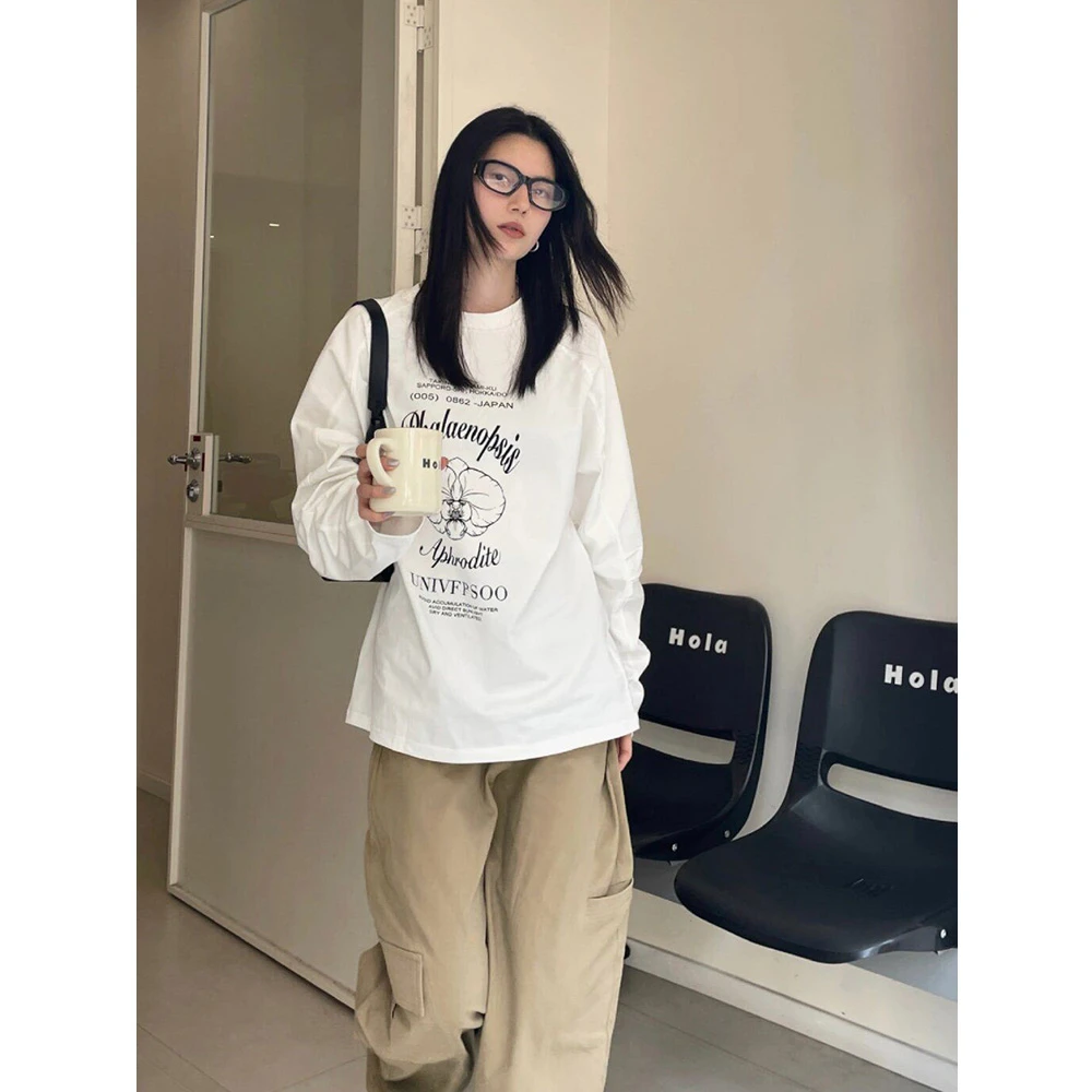 春秋季薄款长袖t恤女宽松设计感小众印花美式复古白色打底衫上衣