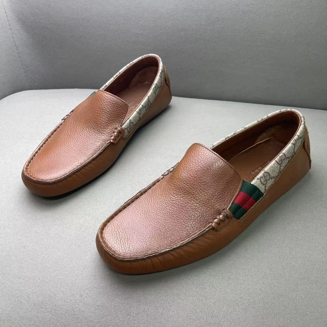 未使用 GUCCI/古驰 棕色荔枝纹后跟老花休闲百搭豆豆鞋/41码/全新
