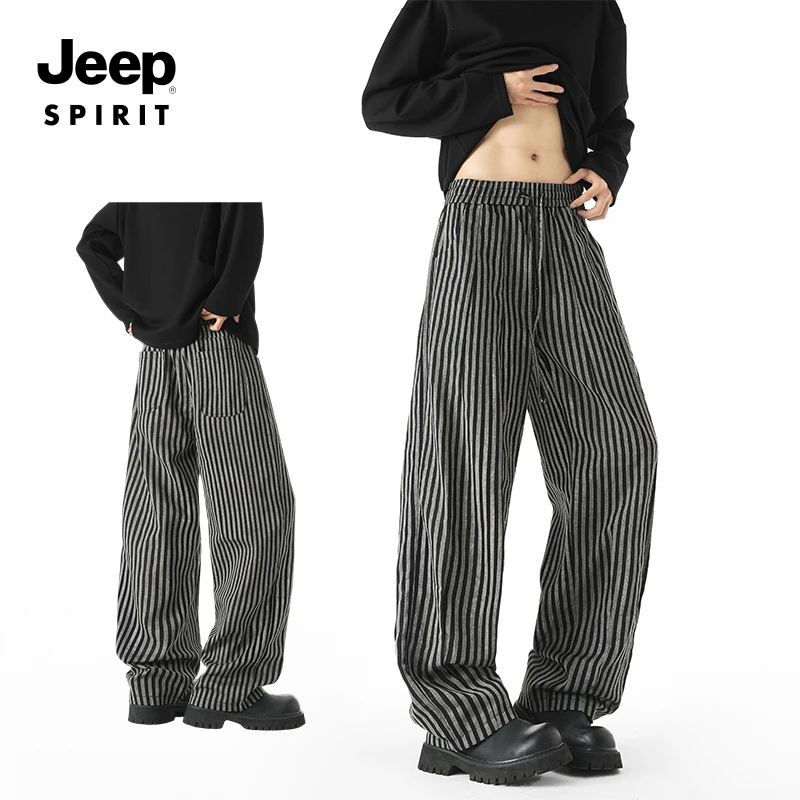 JEEPSPIRIT吉普条纹休闲裤男夏季潮牌美式复古宽松直筒阔腿弯刀裤