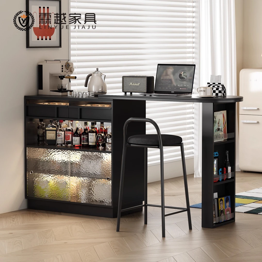 霖越实木吧台桌中古风多功能伸缩家用吧台岛台餐边柜一体隔断边柜