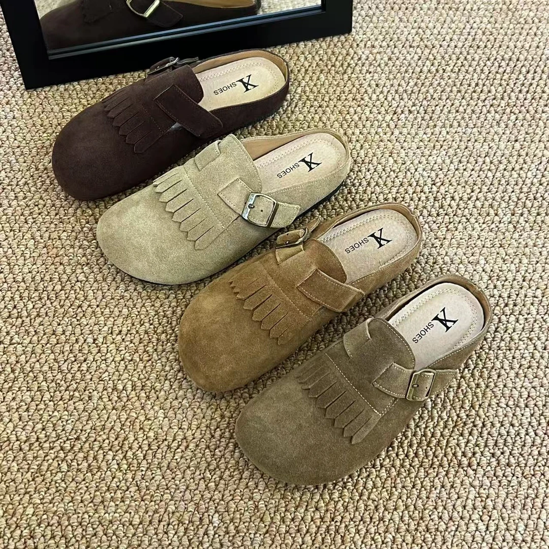 VEEFSHOW 509-18 轻职风流苏复古包头半拖防滑平底舒适凉拖春夏