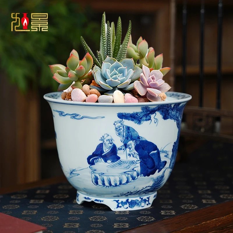 景德镇陶瓷摆件手绘青花瓷器复古客厅庭院盆栽发财树花盆室内阳台