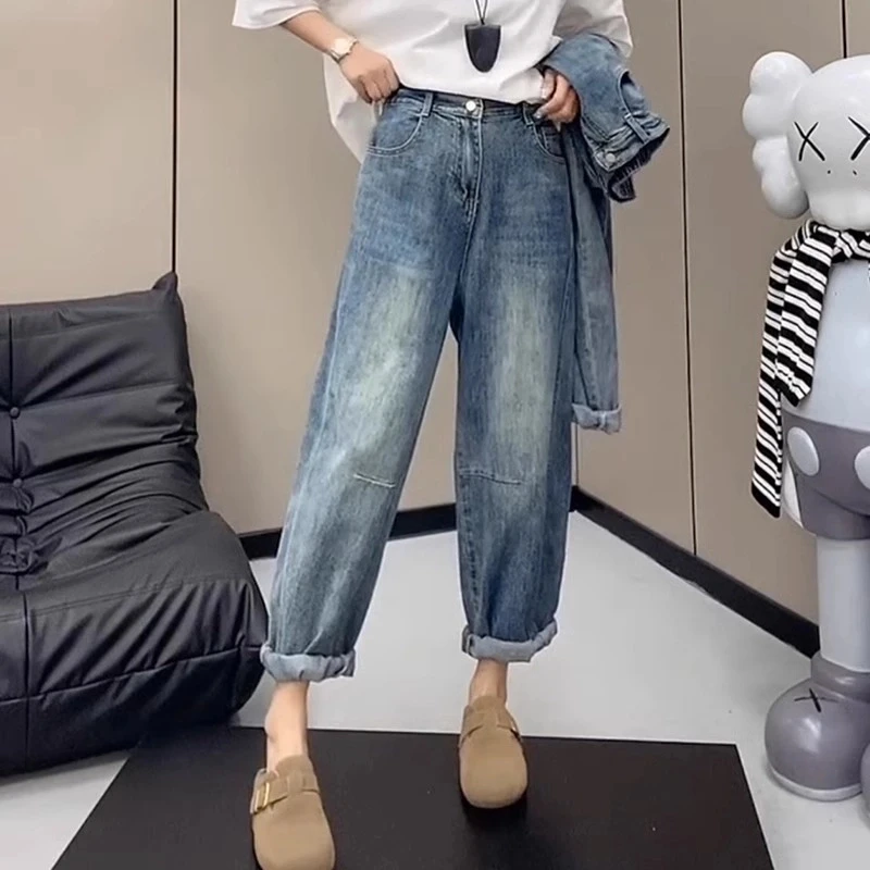 梨形身材微胖女款穿搭大码女装薄款弹力哈伦老爹牛仔裤子九分裤