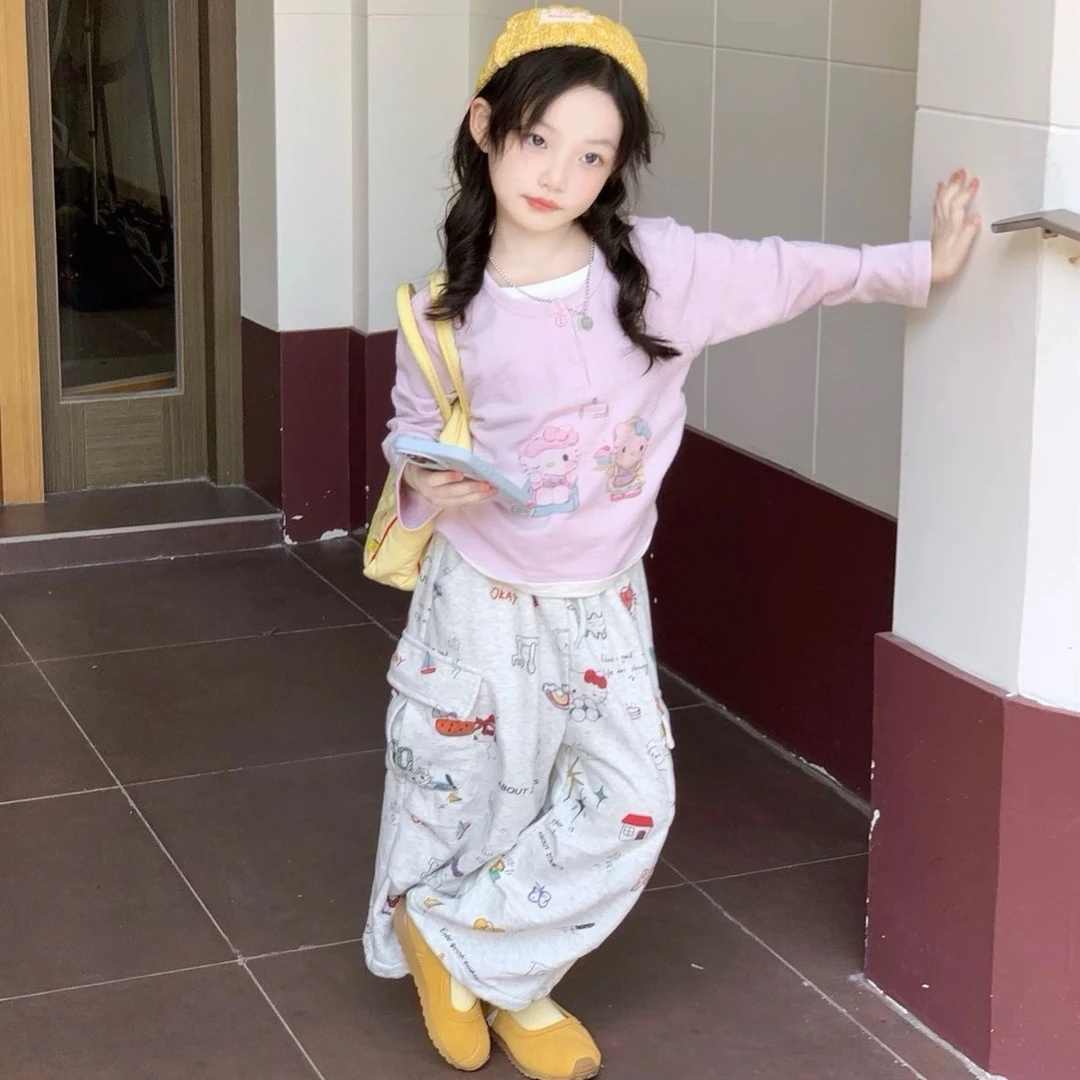 女童ins风洋气爆款超萌卡通打底衫+休闲工装裤两件套儿童长袖套装