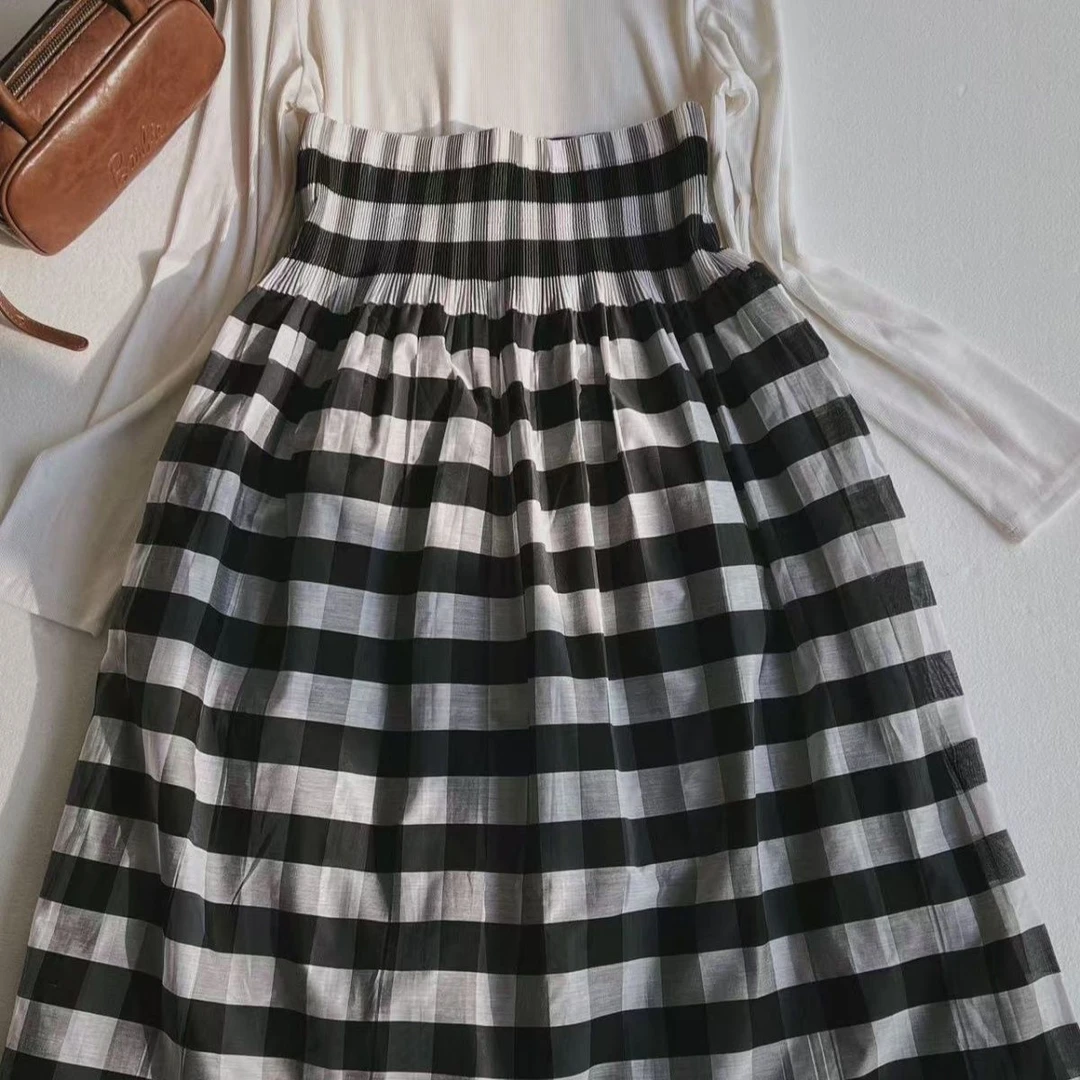 中长裙格子默认厚度高腰半身裙宽松百褶显瘦百搭休闲简约格纹