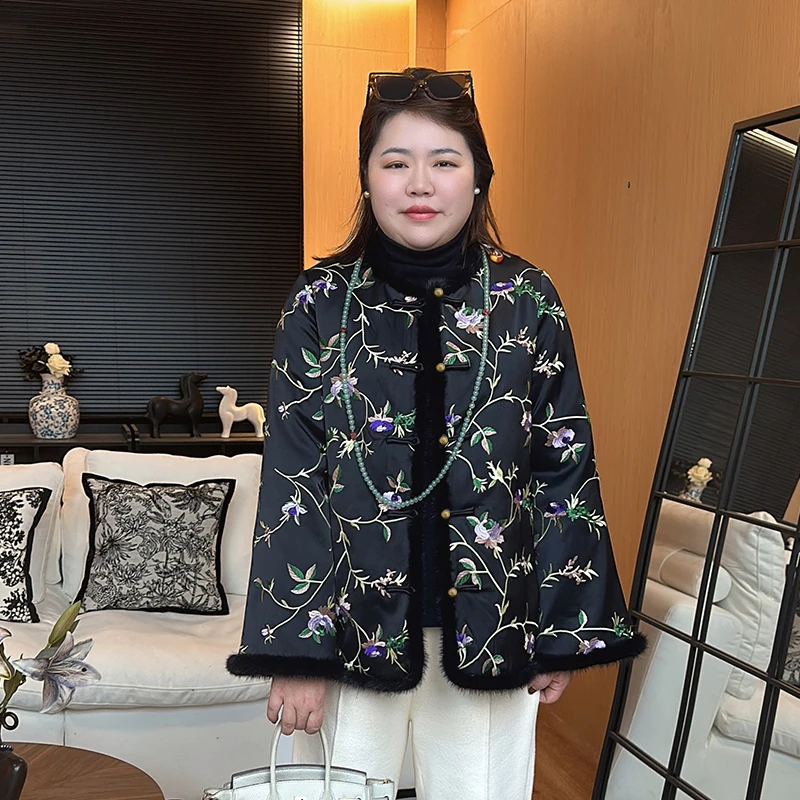 【花坛紧促】新中式国风新年战袍卷草花短款棉服外套水貂毛领25661