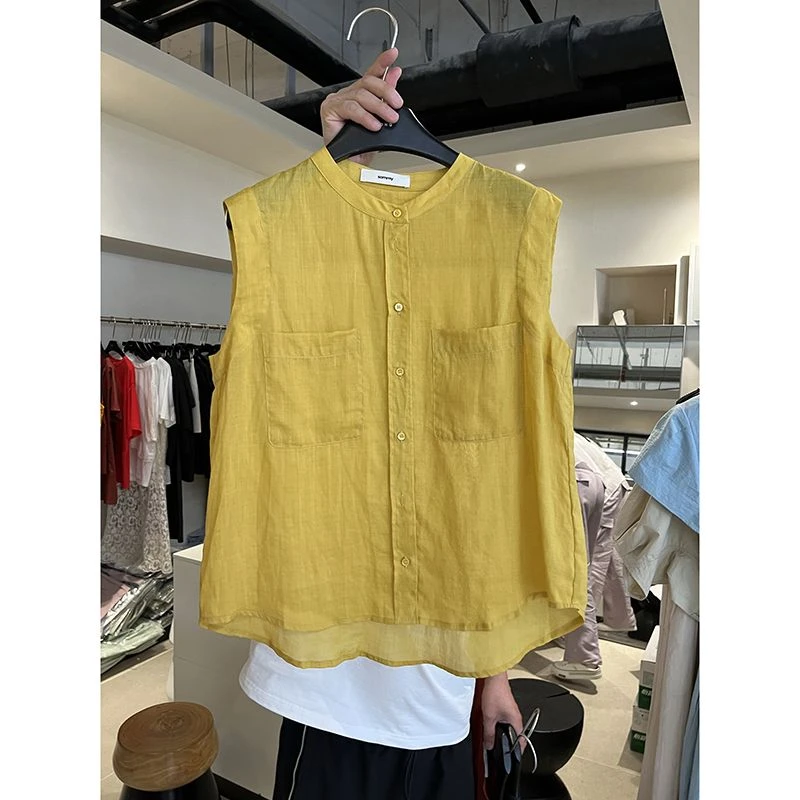 1247韩系圆领无袖纯棉衬衫女夏季新款宽松休闲单排扣百搭显瘦上衣