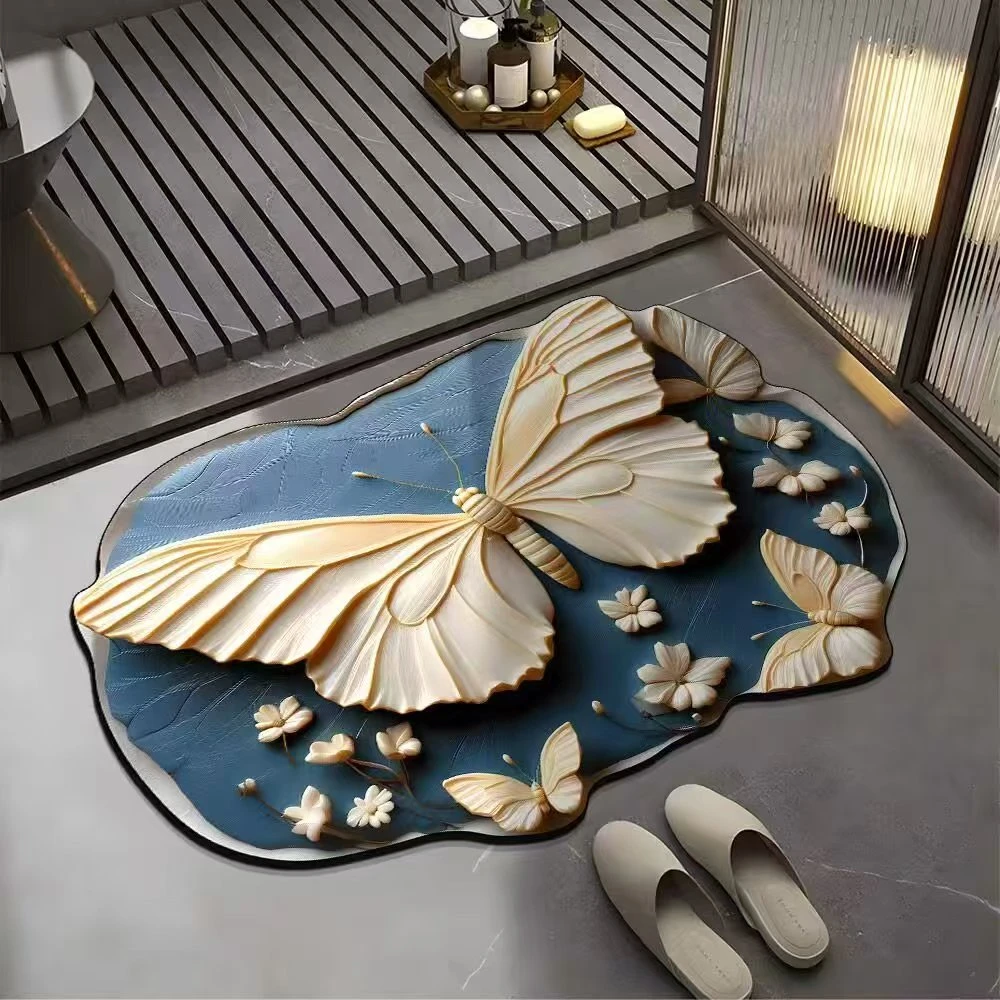 视觉3d蝴蝶花卉地垫家用浴室地垫异形卫生间吸水脚垫入户门垫