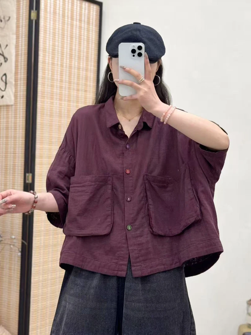 2025夏季时尚彩扣翻领口袋开衫女士衬衫大码复古莫奈花园风百搭