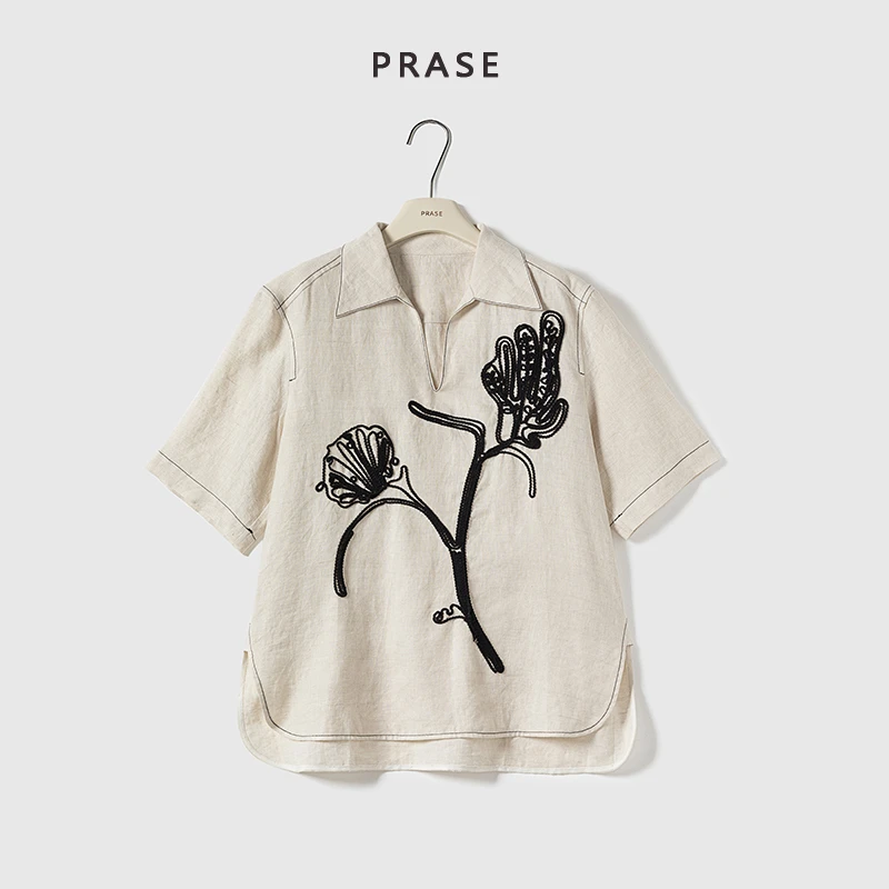 PRASE·杨杨【线生花】100亚麻微胖轻奢设计夏复古绳绣衬衫PR505E65