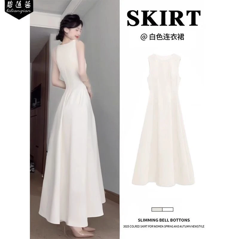高腰夏日千金赫本风无袖掐腰连衣裙白月光初恋长款小白裙子