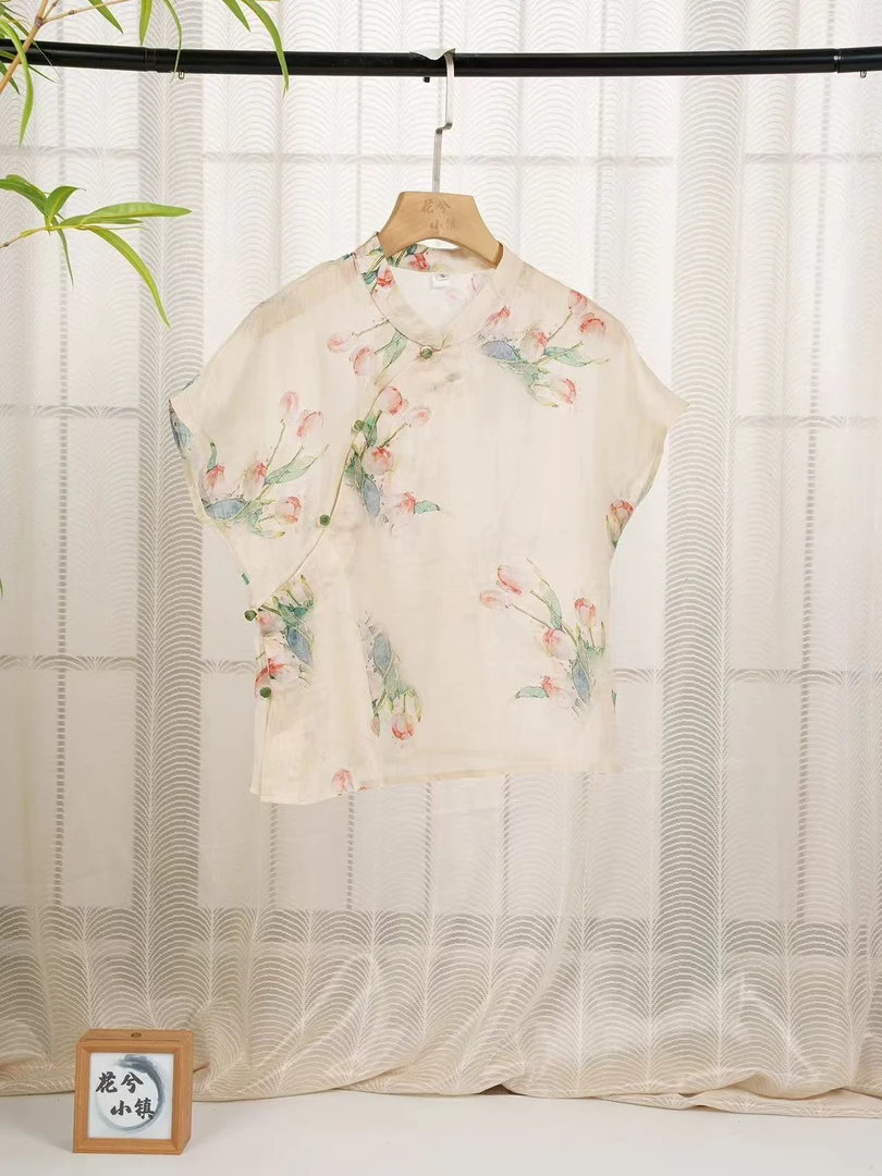 新中式国风衬衫女夏薄款禅意小飞袖小衫短款立领盘扣苎麻上衣