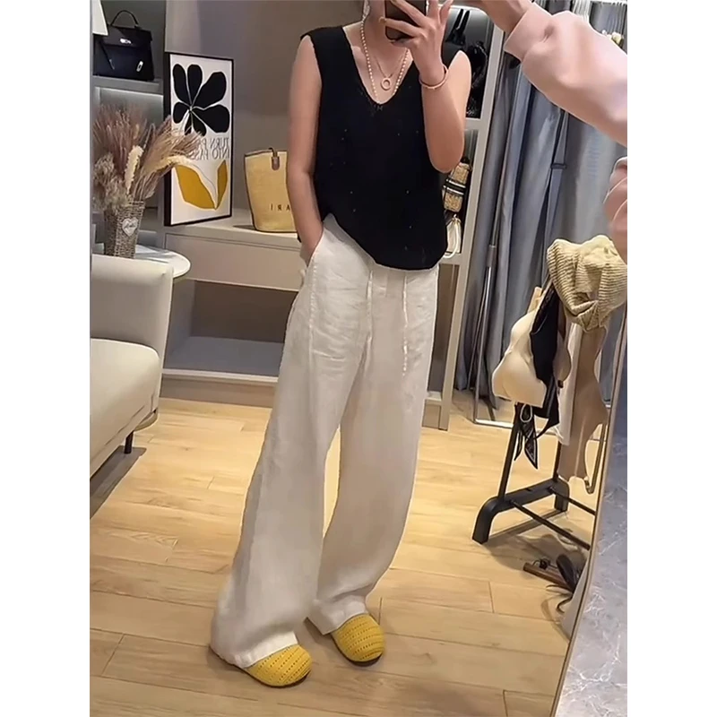 白色亚麻休闲裤女夏季薄款大码梨型身材宽松显瘦遮胯拖地直筒长裤