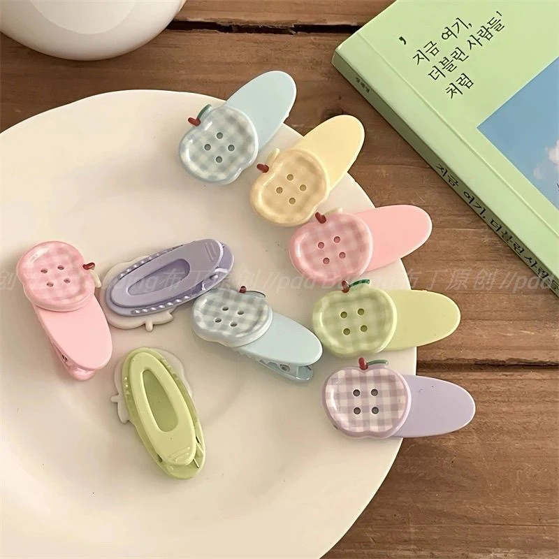 早春新款奶油色格纹苹果发夹鸭嘴夹甜美少女碎发刘海夹边夹发卡新