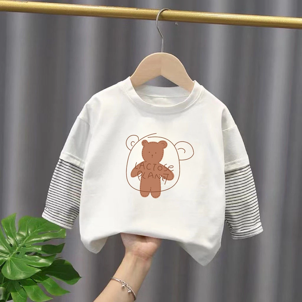 男女童T恤纯棉长袖春秋款条纹休闲假两件打底衫男童宝宝秋装上衣