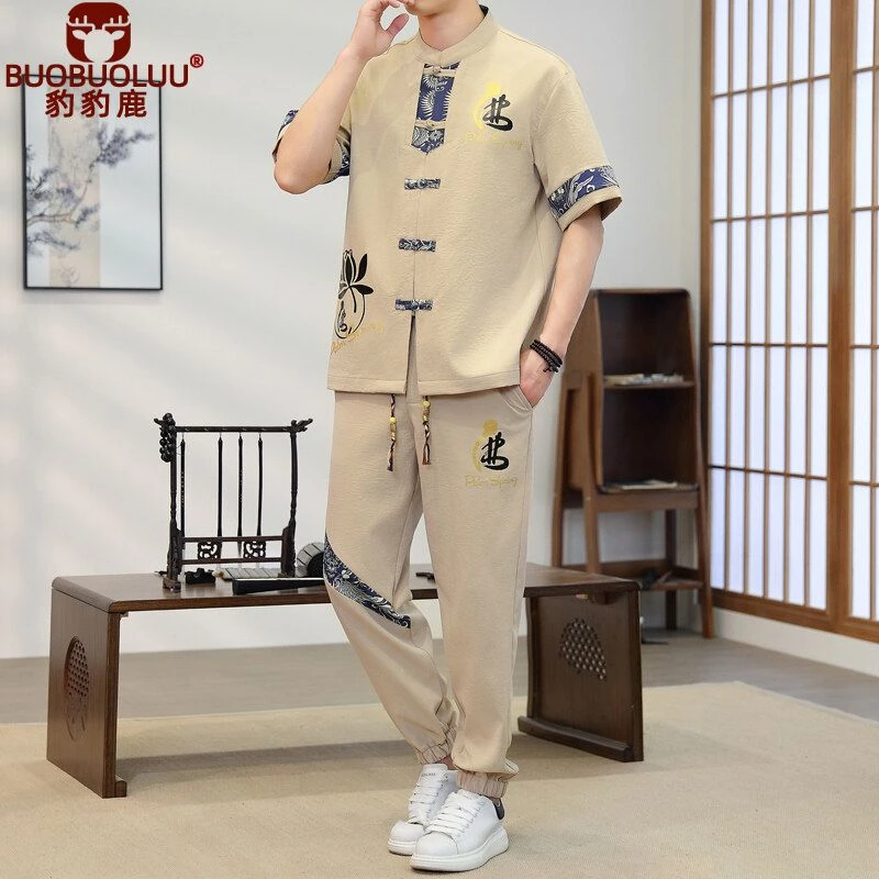 中国风汉服套装男士中式短袖长裤冰丝唐装夏季民族男装休闲两件套