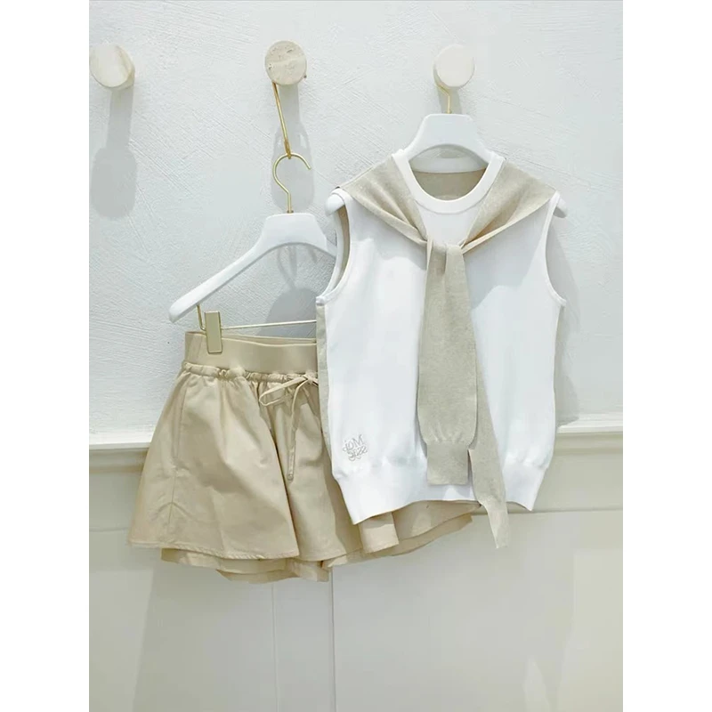 韩版复古披肩设计圆领无袖背心上衣高腰显瘦短裙裤夏季两件套装女