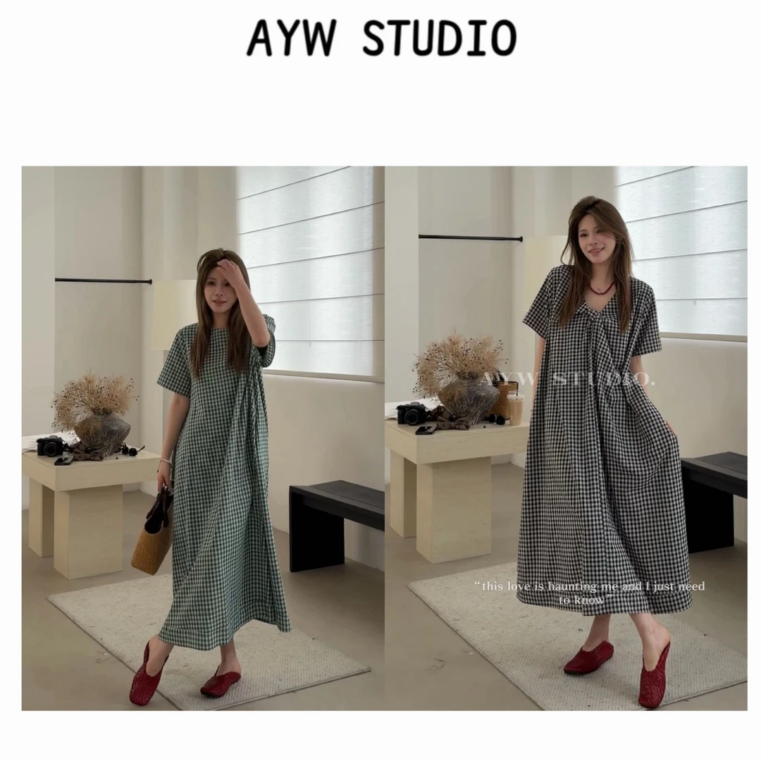 【AYW】‘绿野仙踪’气质复古扭结设计前后两穿宽松显瘦格子连衣裙