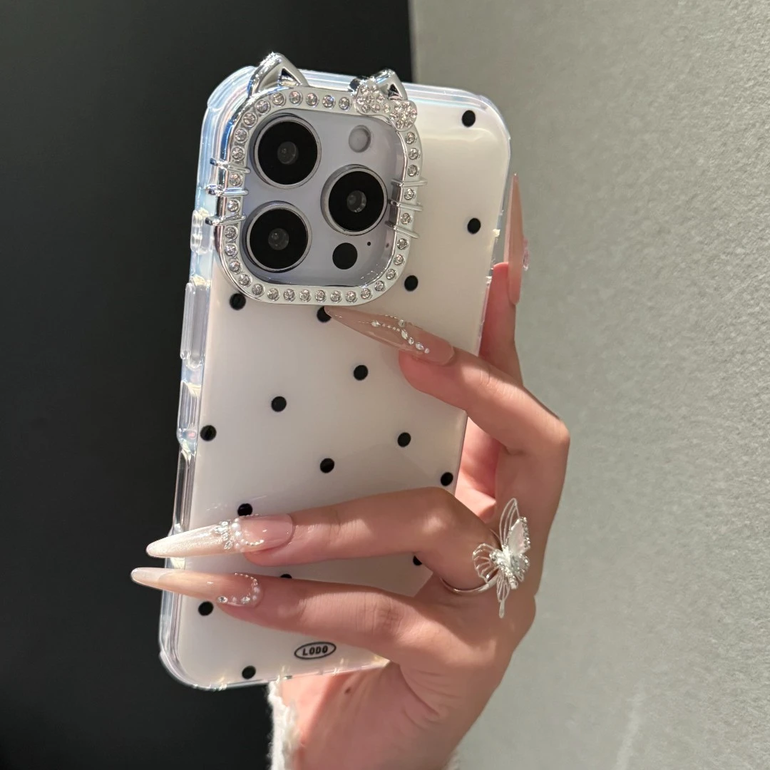 韩系波点Kitty猫镜头框适用于苹果17promax手机壳iphone16/15简约
