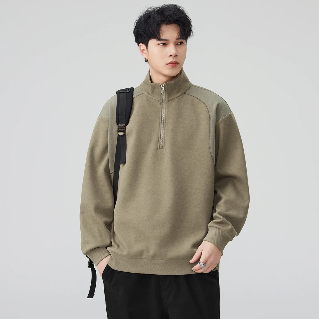 新款纯棉品质立领半拉链卫衣休闲上衣秋冬男宽松百搭拼接长袖体恤